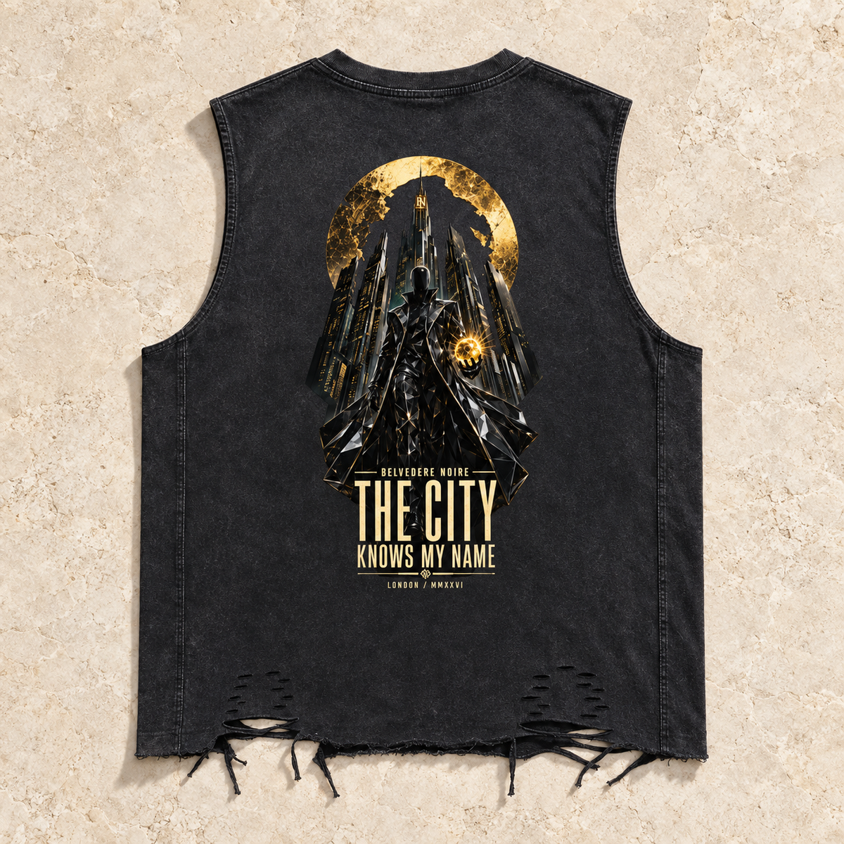 AI styling mockup: black The City Knows My Name raw-hem tank back flat lay