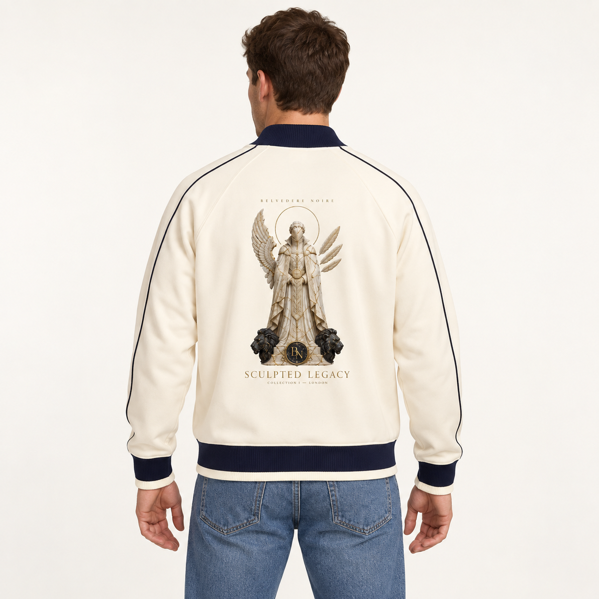 Model wearing the cream and navy Colour Block Raglan Track Jacket, back view