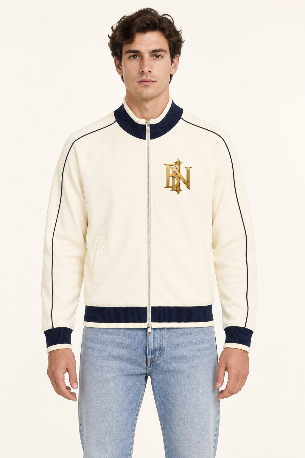 Model wearing the cream and navy Colour Block Raglan Track Jacket, front view