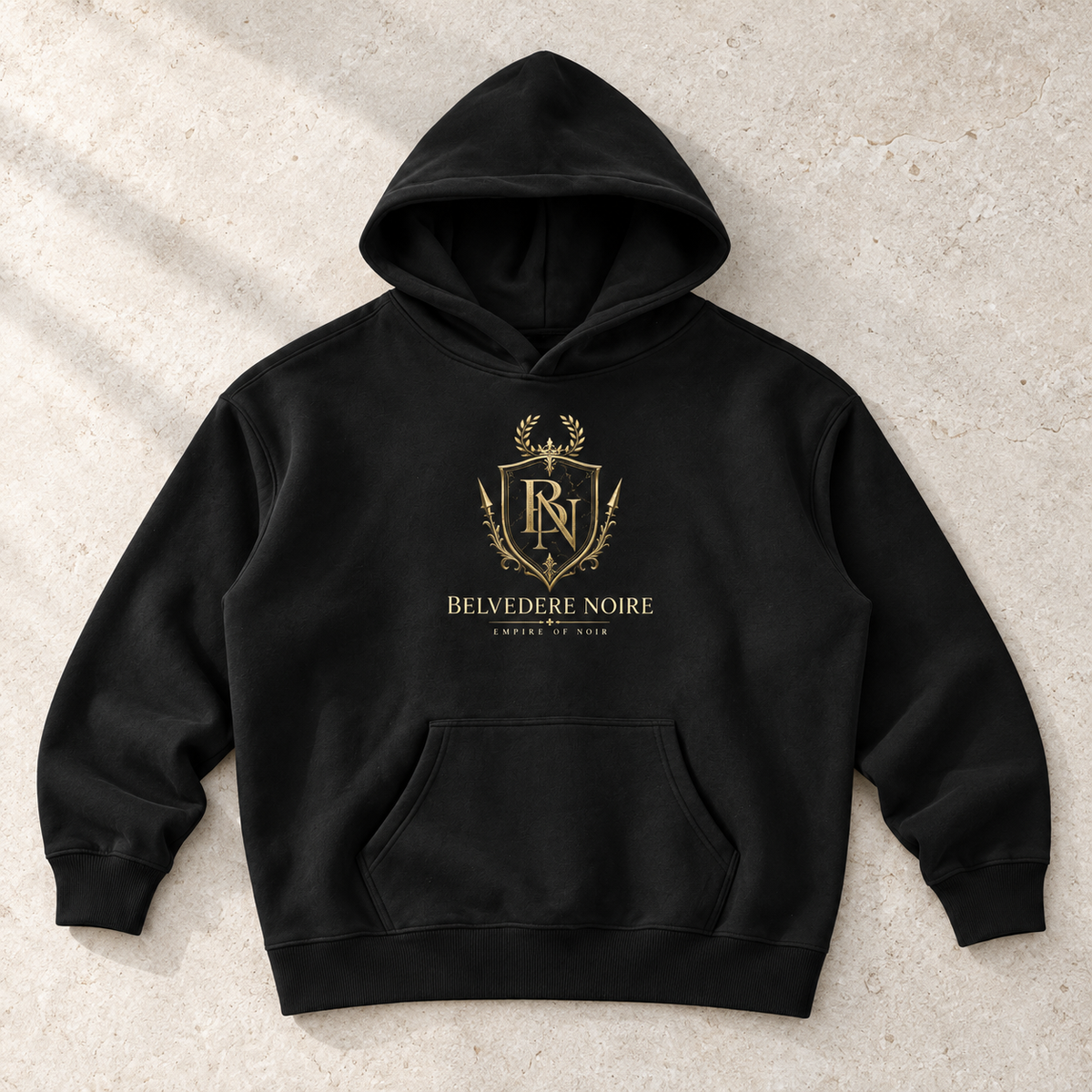 Black Oversize Fleeced Hoodie flat lay showing the 350gsm fleece
