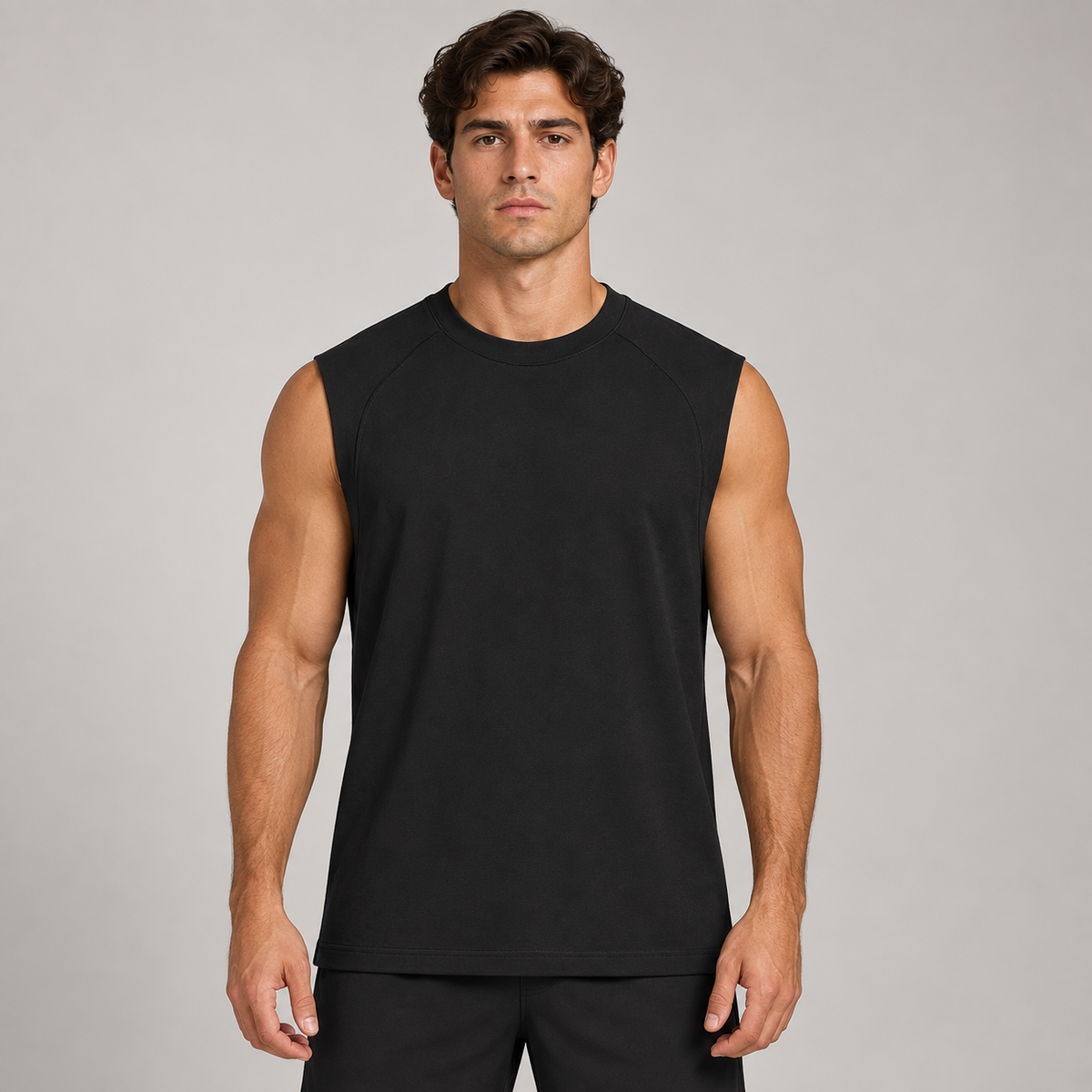 AI styling mockup: male front view in black Belvedere Noire Sorona performance tank top
