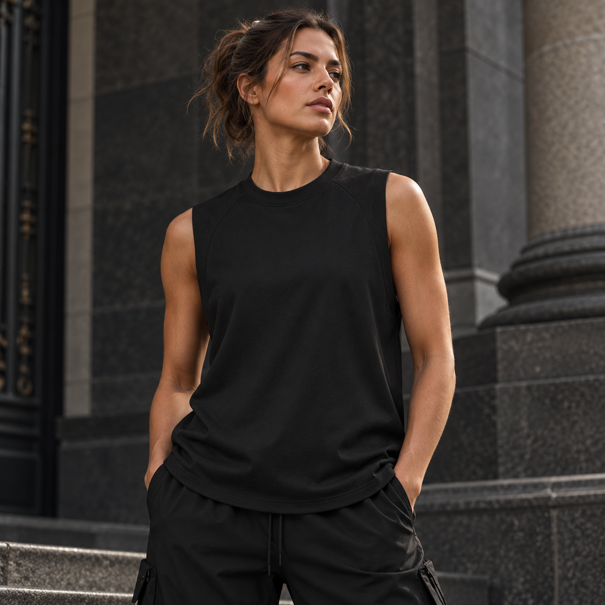 AI styling mockup: female lifestyle front view in black Sorona performance tank top