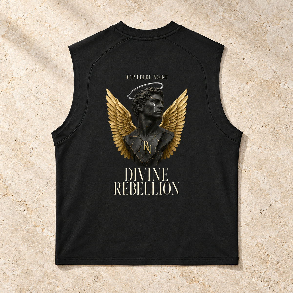 AI styling mockup: black Divine Rebellion performance tank back flat lay