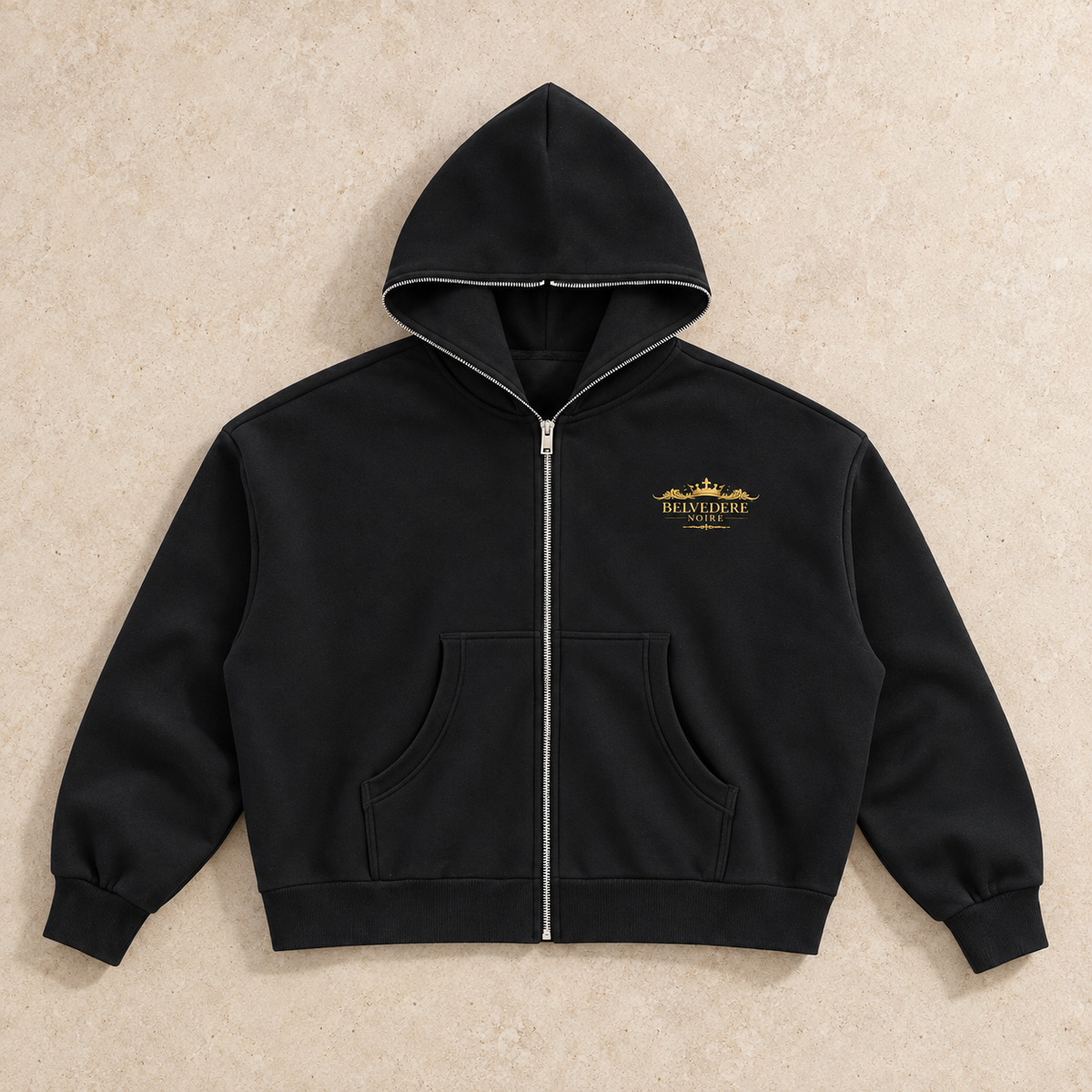 Black Fleeced Full-Zip Boxy Hoodie flat lay on stone, front view