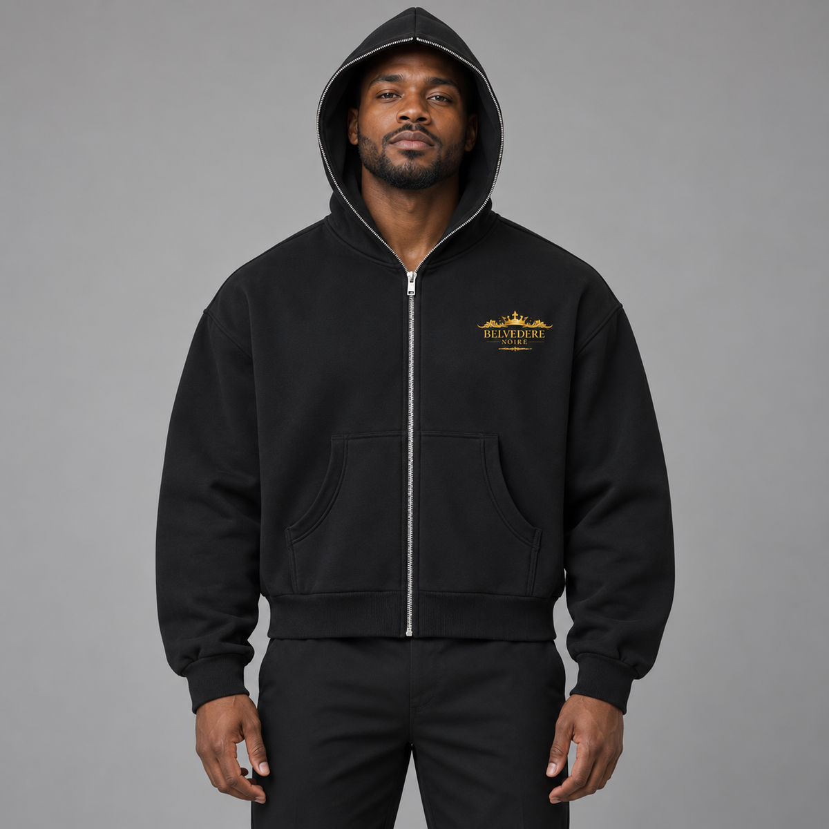 Black Fleeced Full-Zip Boxy Hoodie worn hood up, studio view