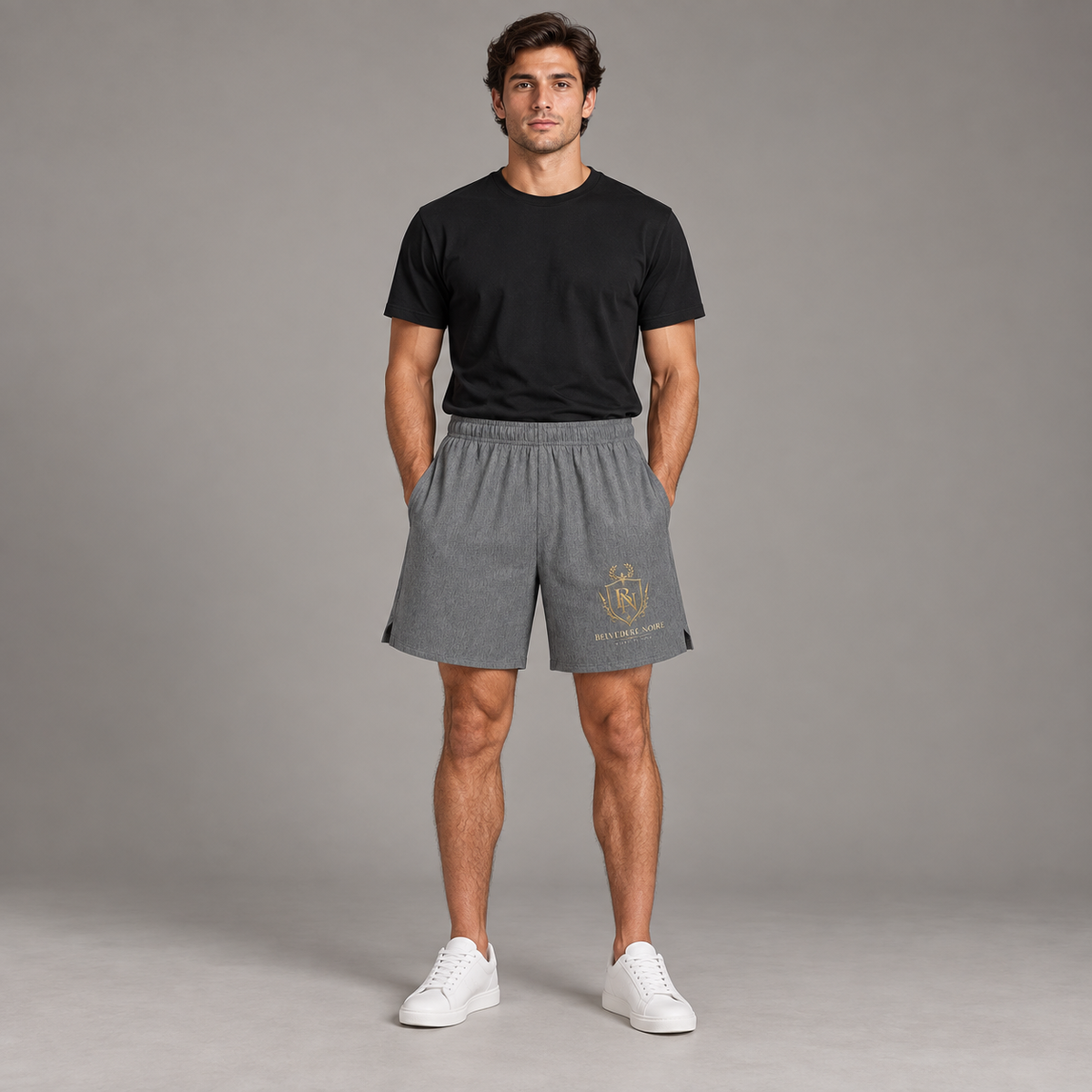 Model wearing the grey Loose Fit Elastic Waist Shorts, front view