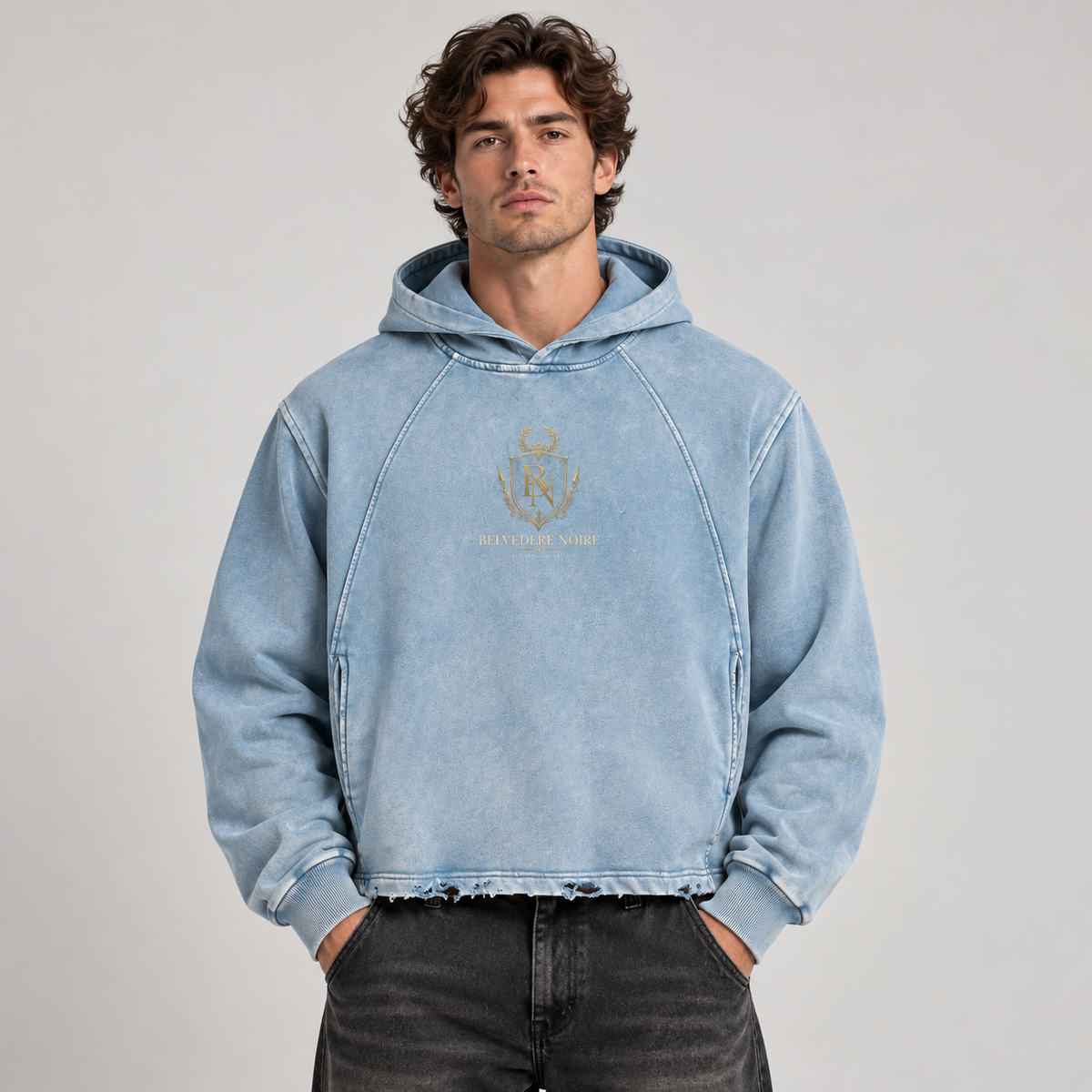 AI styling mockup: male front view in blue Belvedere Noire Vintage Washed Frayed-Hem Hoodie
