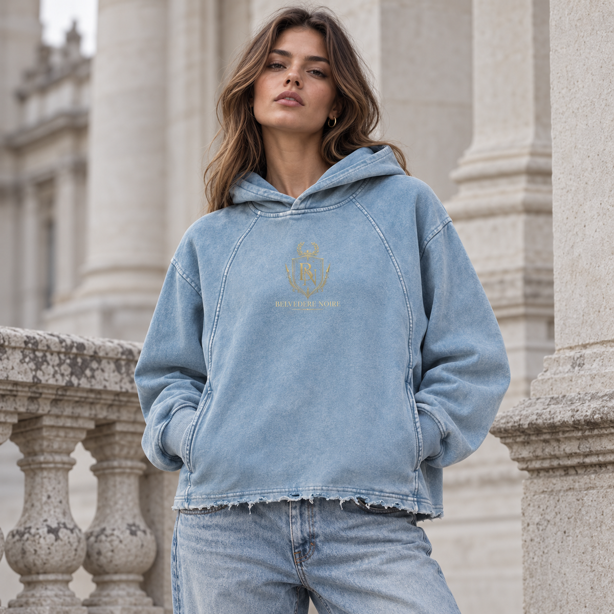 AI styling mockup: female lifestyle front view in blue vintage washed hoodie