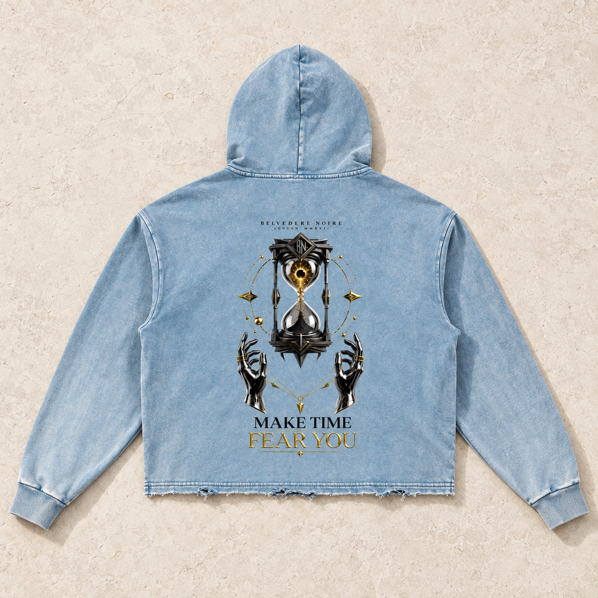 AI styling mockup: blue Make Time Fear You hoodie back flat lay