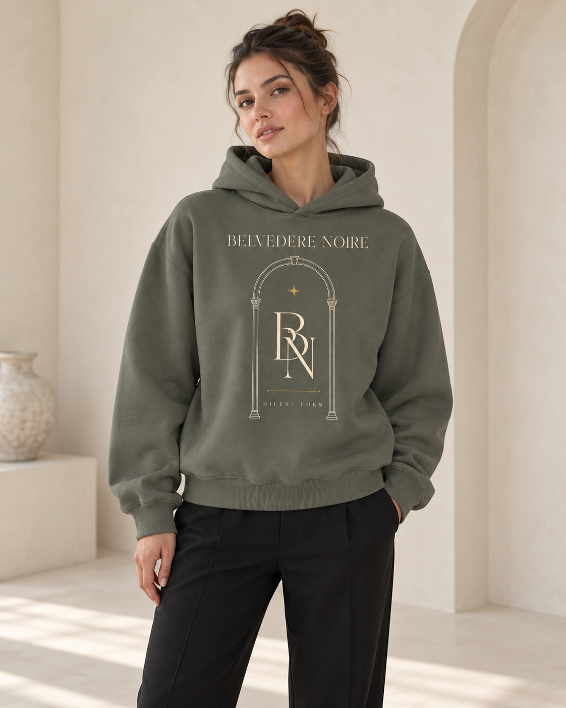 Model wearing the Fleeced Boxy Hoodie, front view