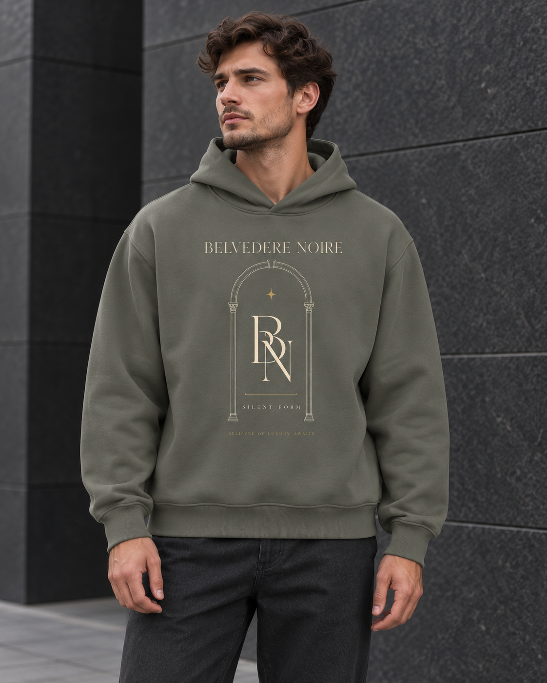 Model wearing the Fleeced Boxy Hoodie outdoors, front view