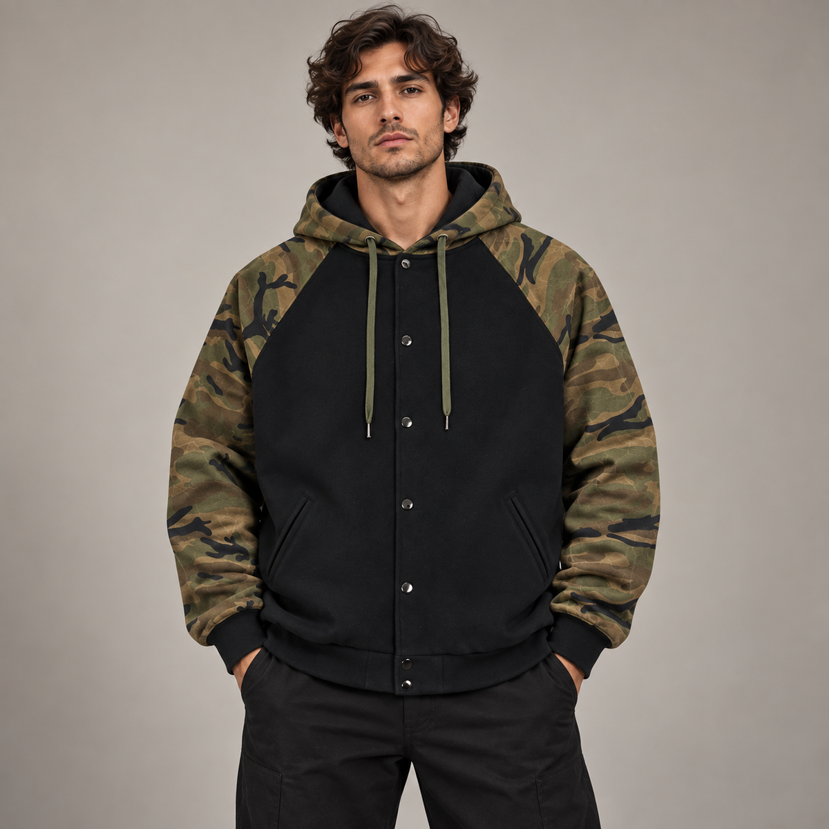 AI styling mockup: male model front view wearing Belvedere Noire Camo-Splice Raglan Zip Hoodie
