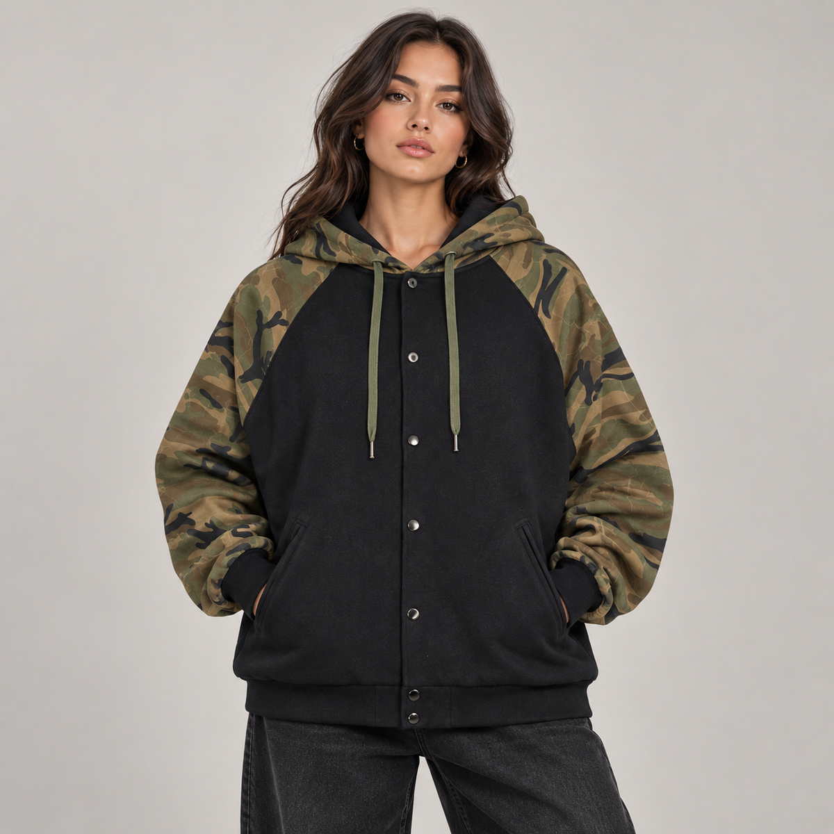 AI styling mockup: female model front view wearing Belvedere Noire camo-splice hoodie