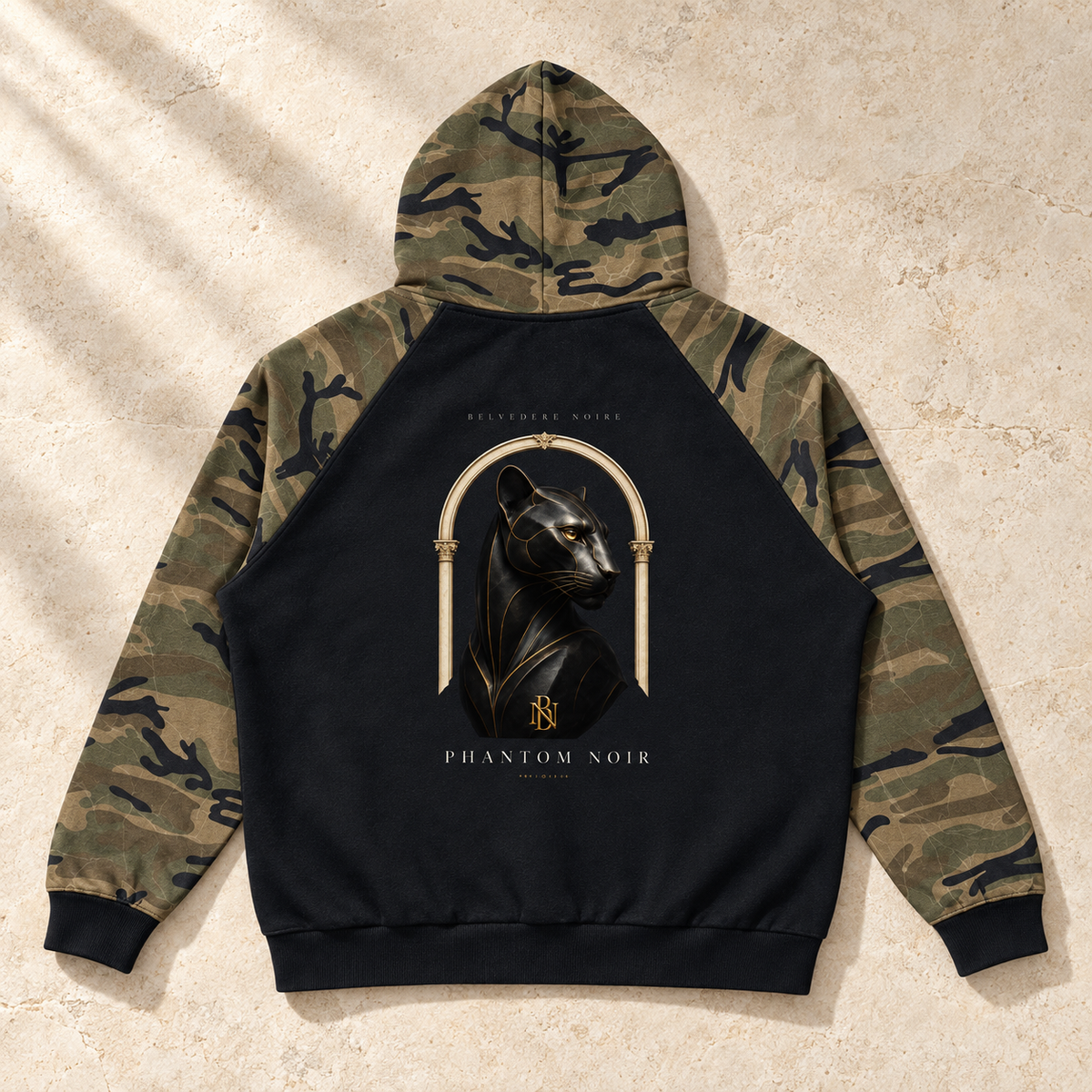AI styling mockup: Phantom Noir camo hoodie back flat lay