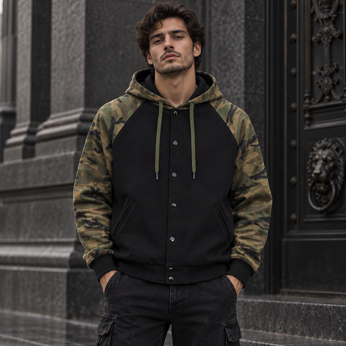 AI styling mockup: male model outdoor front view wearing Belvedere Noire camo hoodie