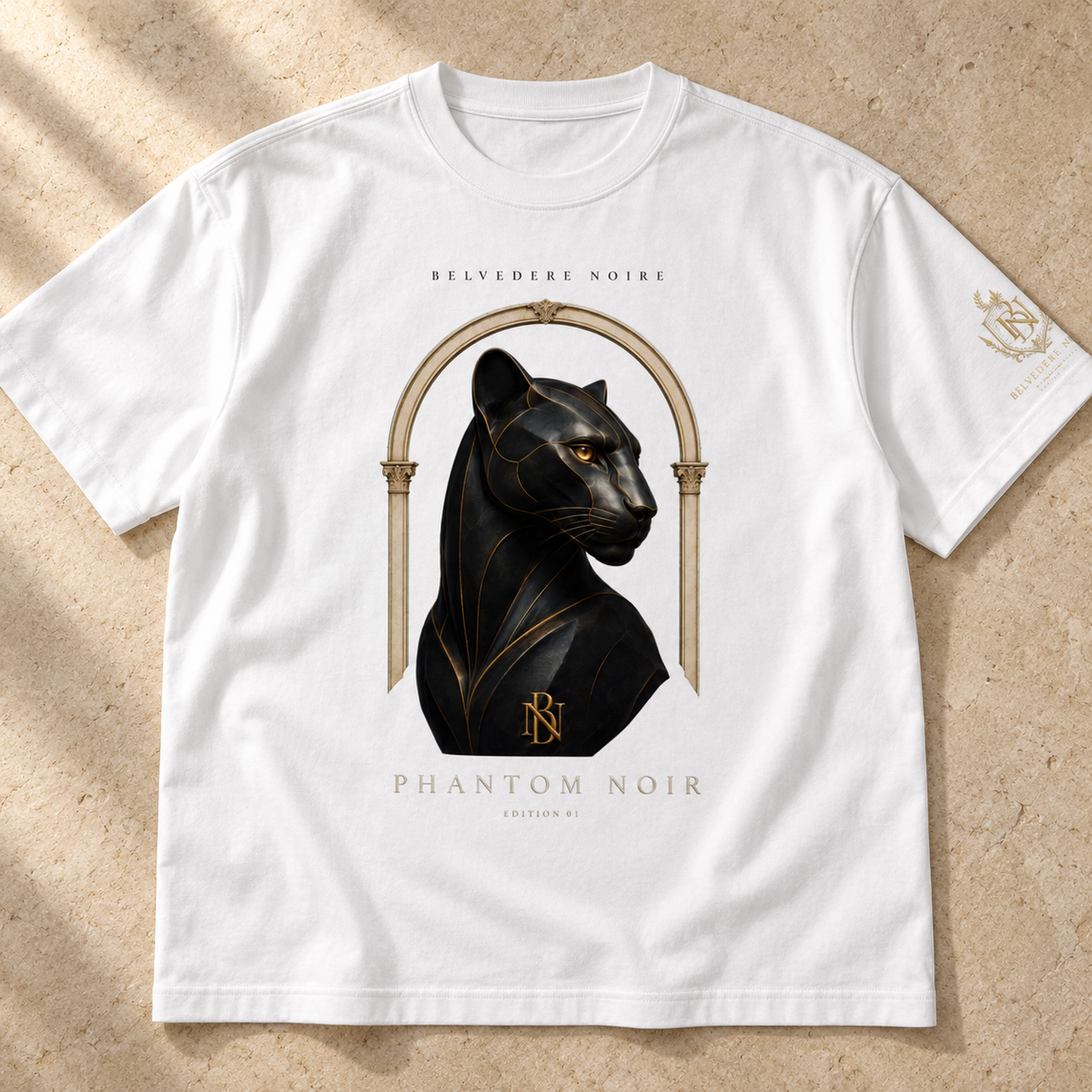 White Boxy Oversized T-Shirt with panther print, flat lay on beige stone