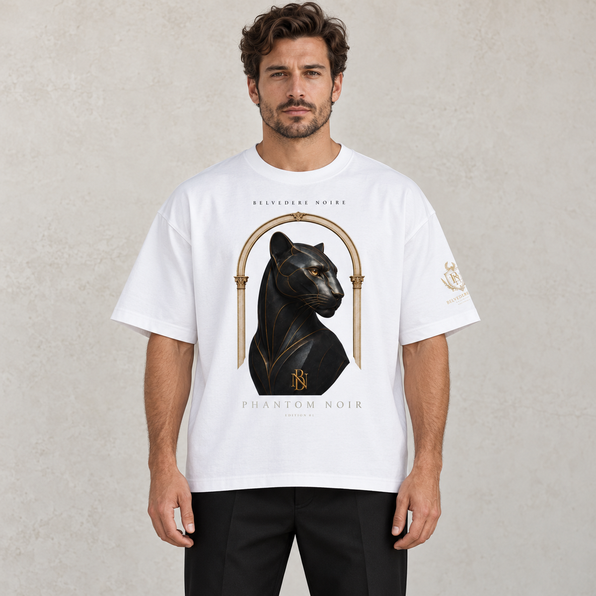 Model wearing the white Boxy Oversized T-Shirt, front view