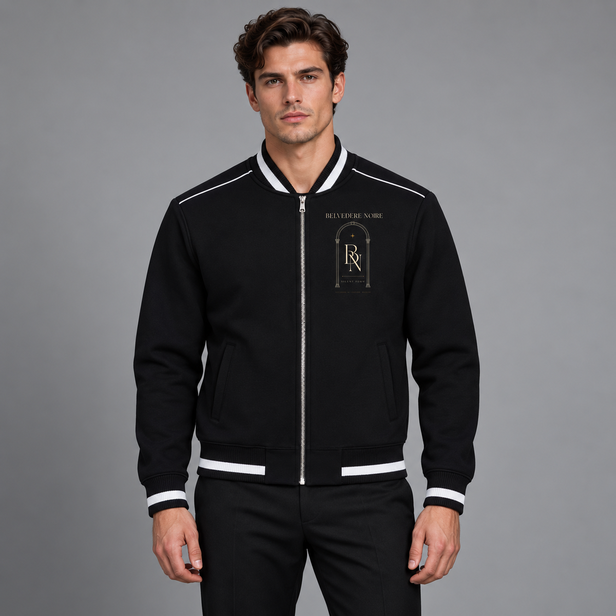 Model wearing the black Contrast Piping Zip Bomber Jacket, front view