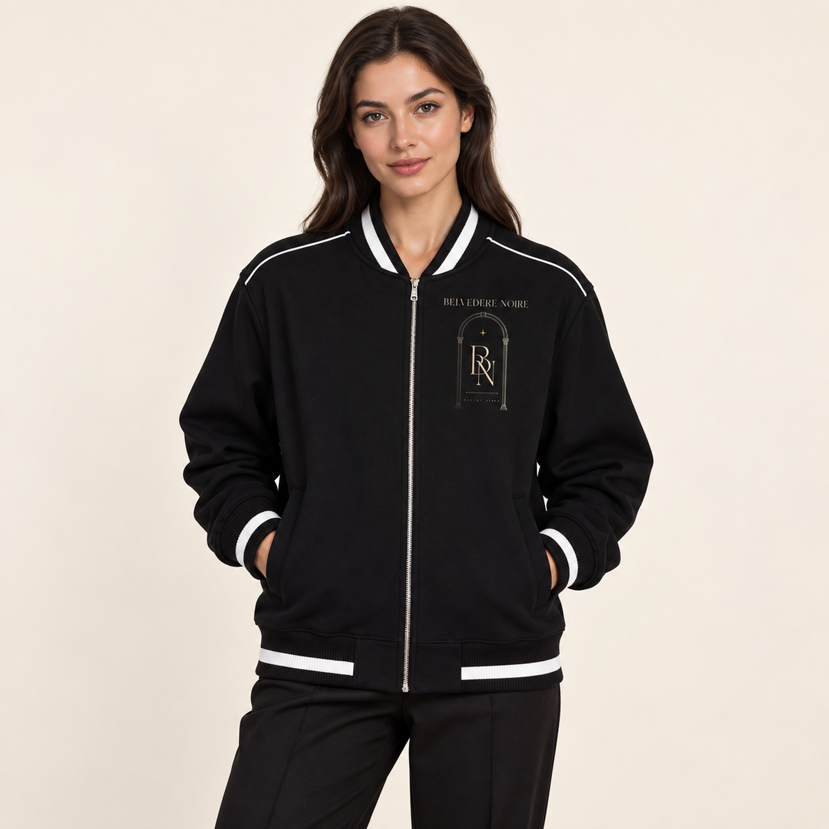 Model wearing the black Contrast Piping Zip Bomber Jacket, front view