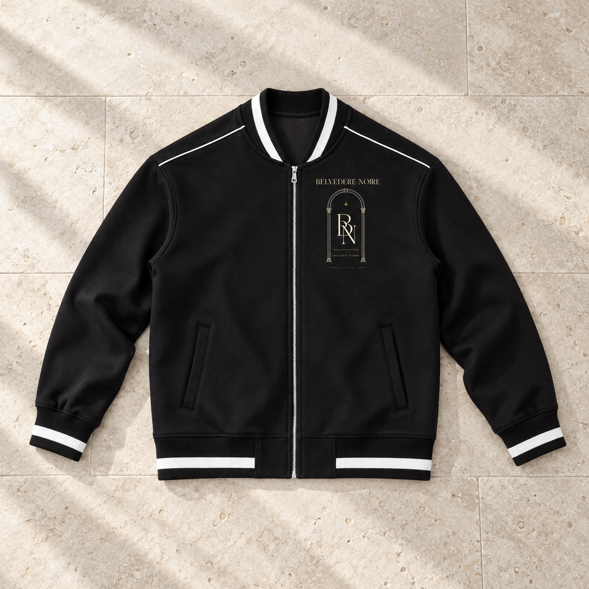 Black Contrast Piping Zip Bomber Jacket flat lay, front view