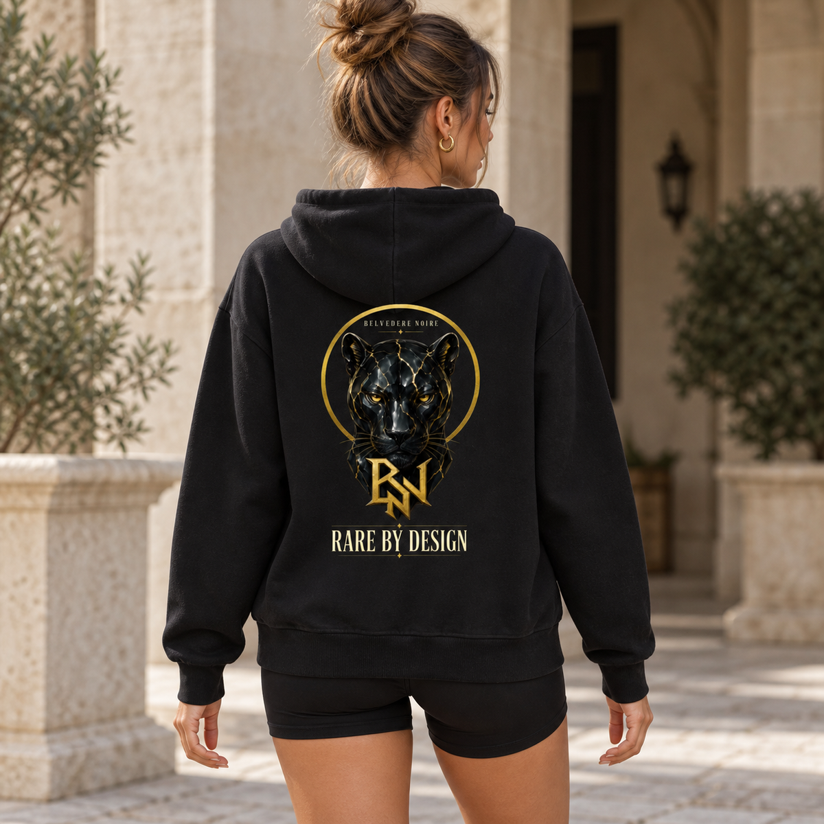 Model wearing the black Contrast Plaid Boxy Zip Hoodie, back view