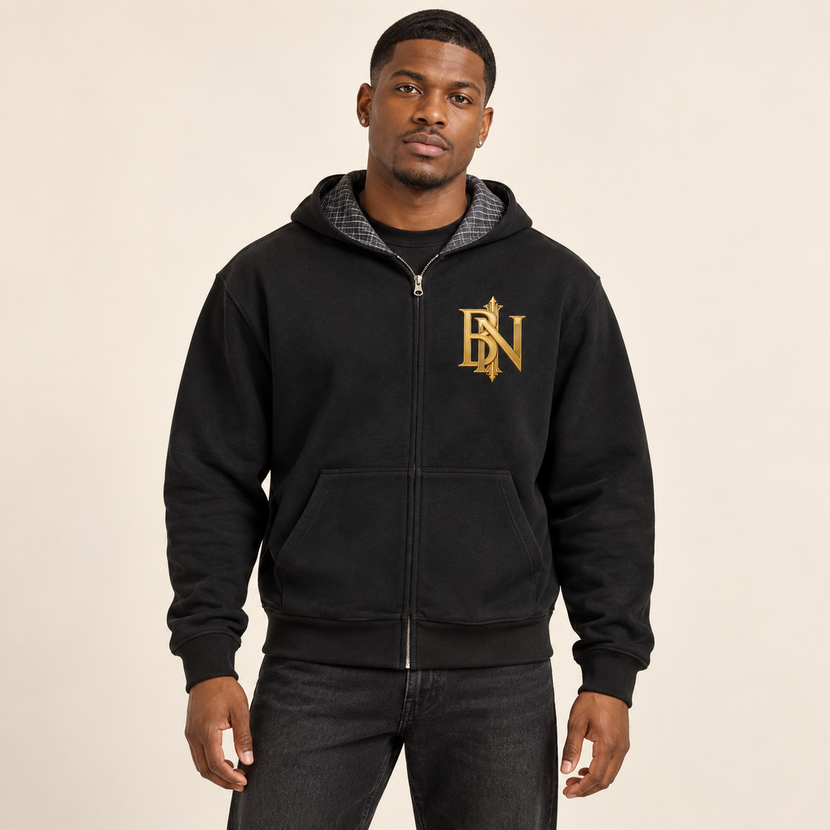 Model wearing the black Contrast Plaid Boxy Zip Hoodie, front view