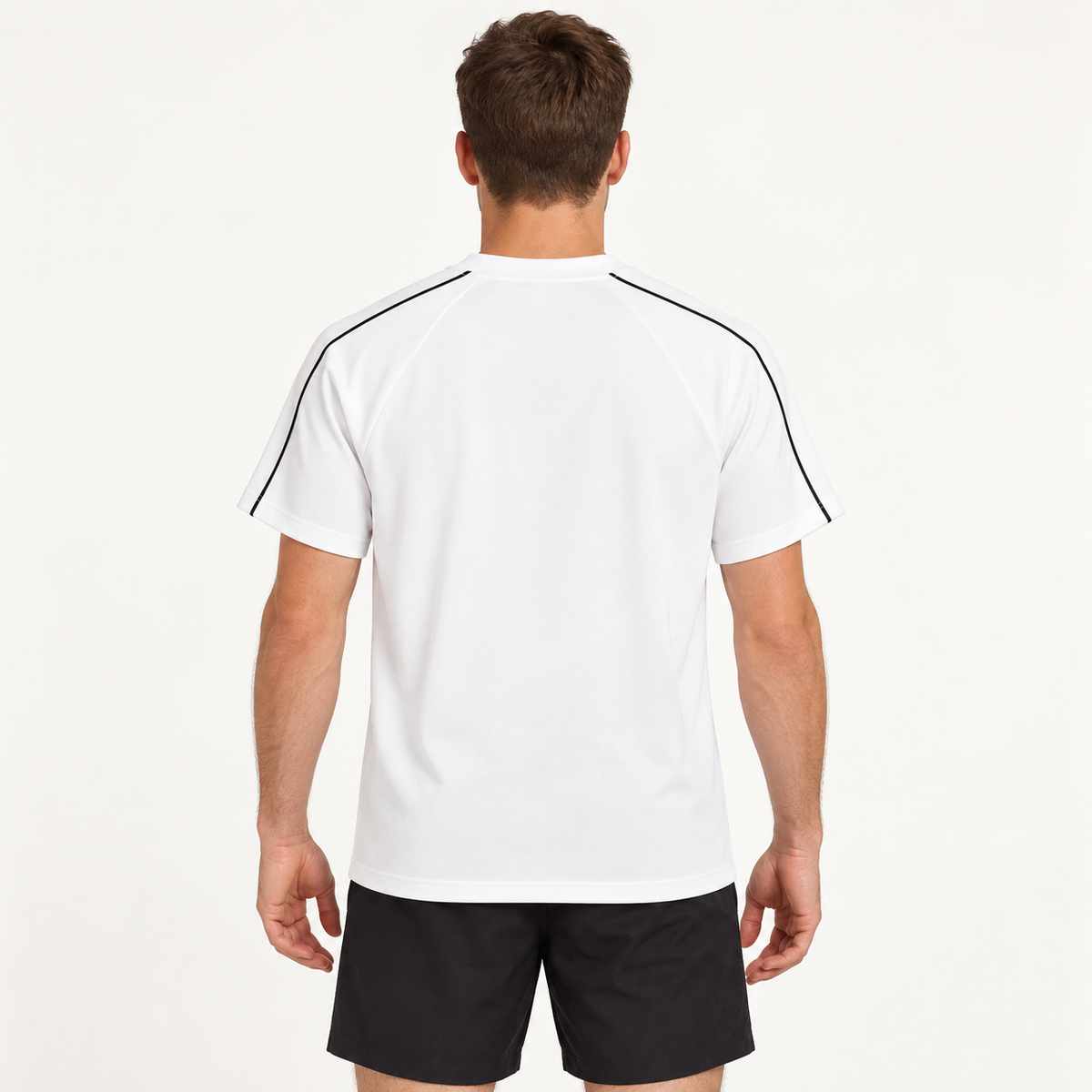 Model wearing the white Contrast Stitch Raglan T-Shirt, back view
