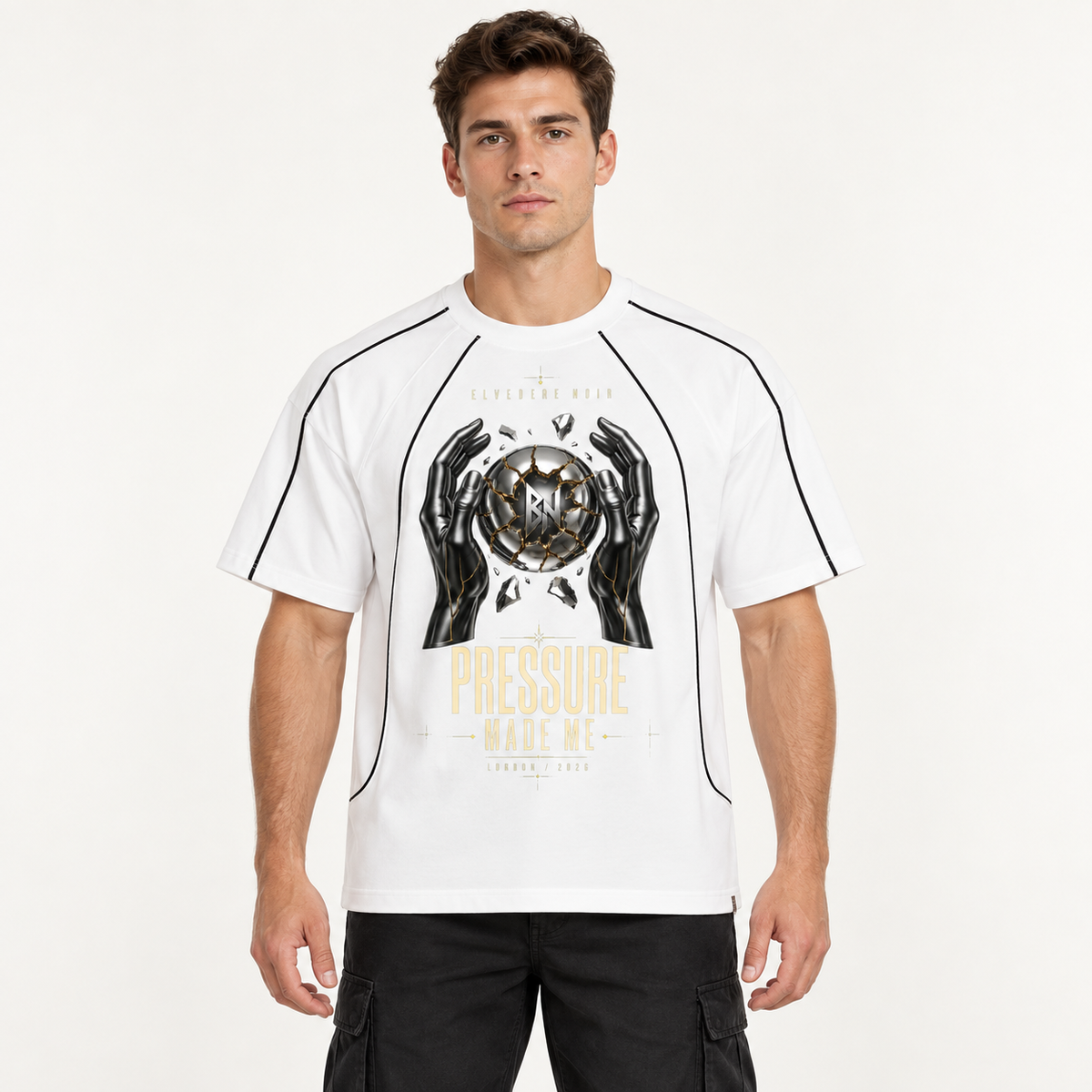 Model wearing the white Contrast Stitch Raglan T-Shirt, front view