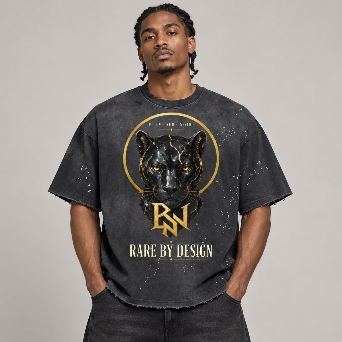 AI styling mockup: male model front view wearing Belvedere Noire Rare By Design paint splatter T-shirt