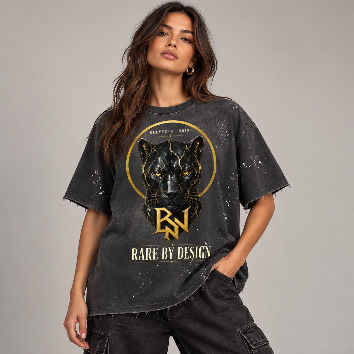 AI styling mockup: female model front view wearing Belvedere Noire Rare By Design T-shirt