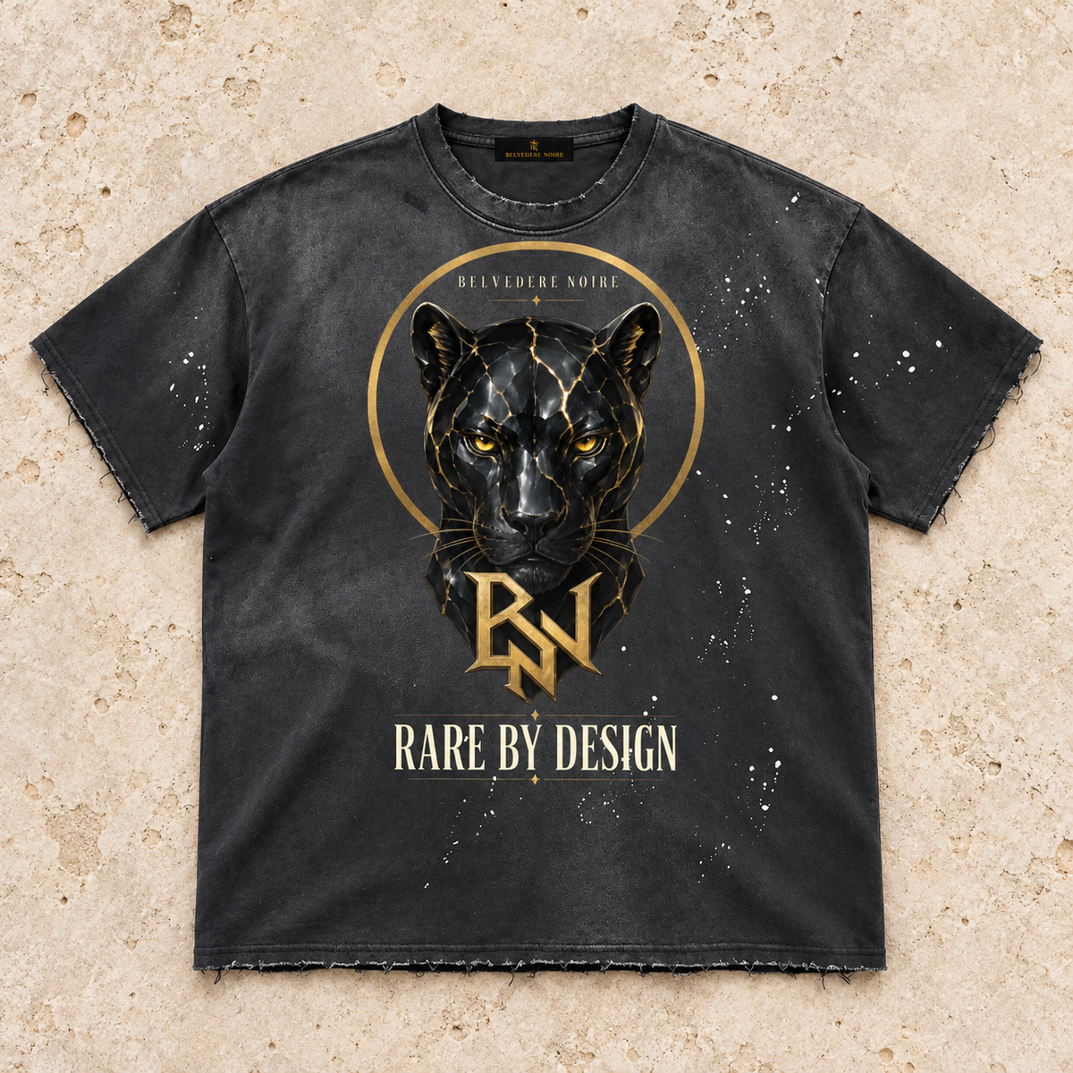 AI styling mockup: Rare By Design distressed paint splatter T-shirt front flat lay