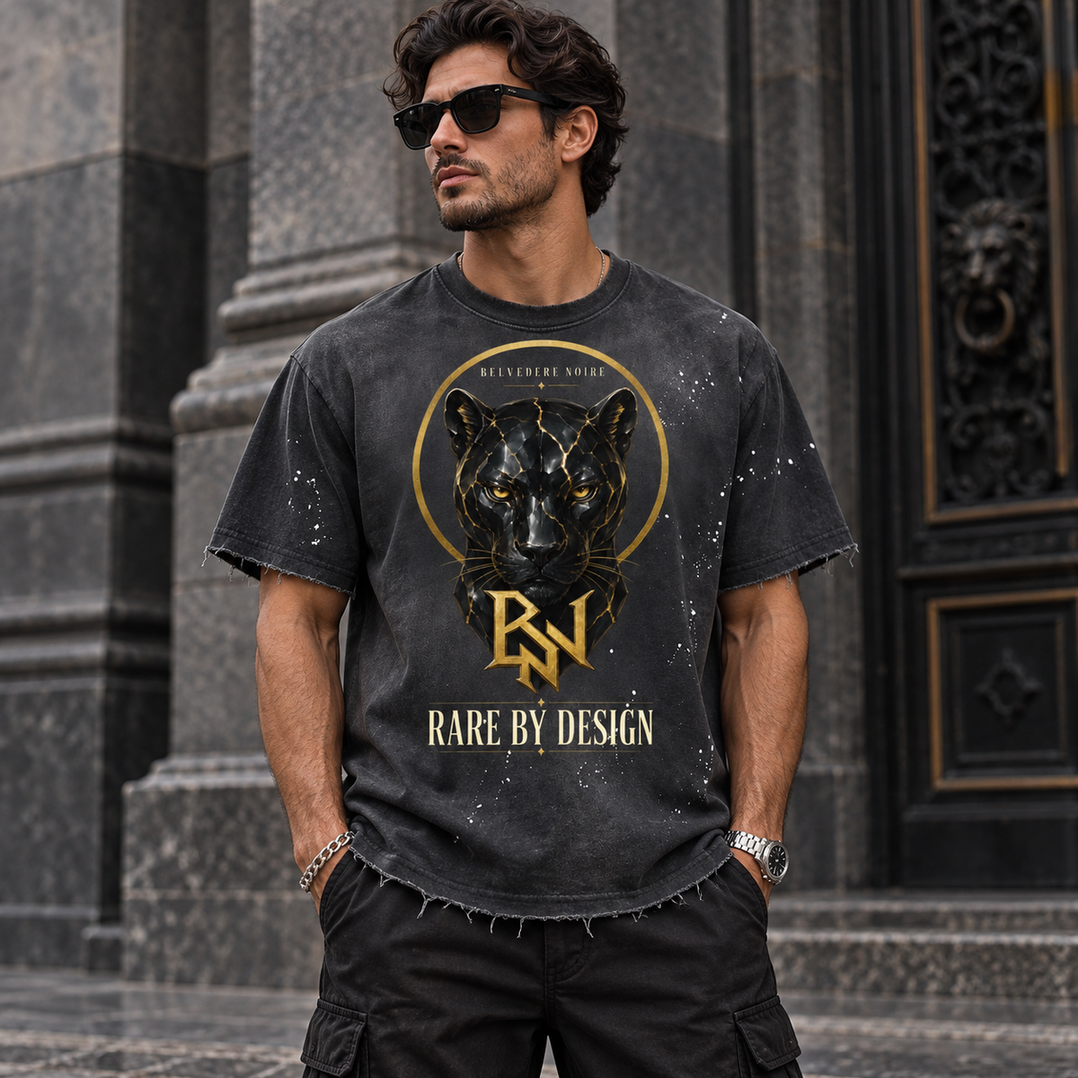 AI styling mockup: male model outdoor front view wearing Belvedere Noire Rare By Design T-shirt