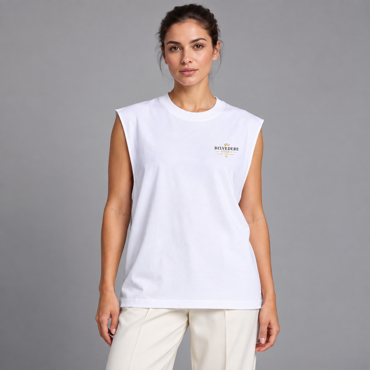 Model wearing the white Raw Edge Cotton Tank Top, front view