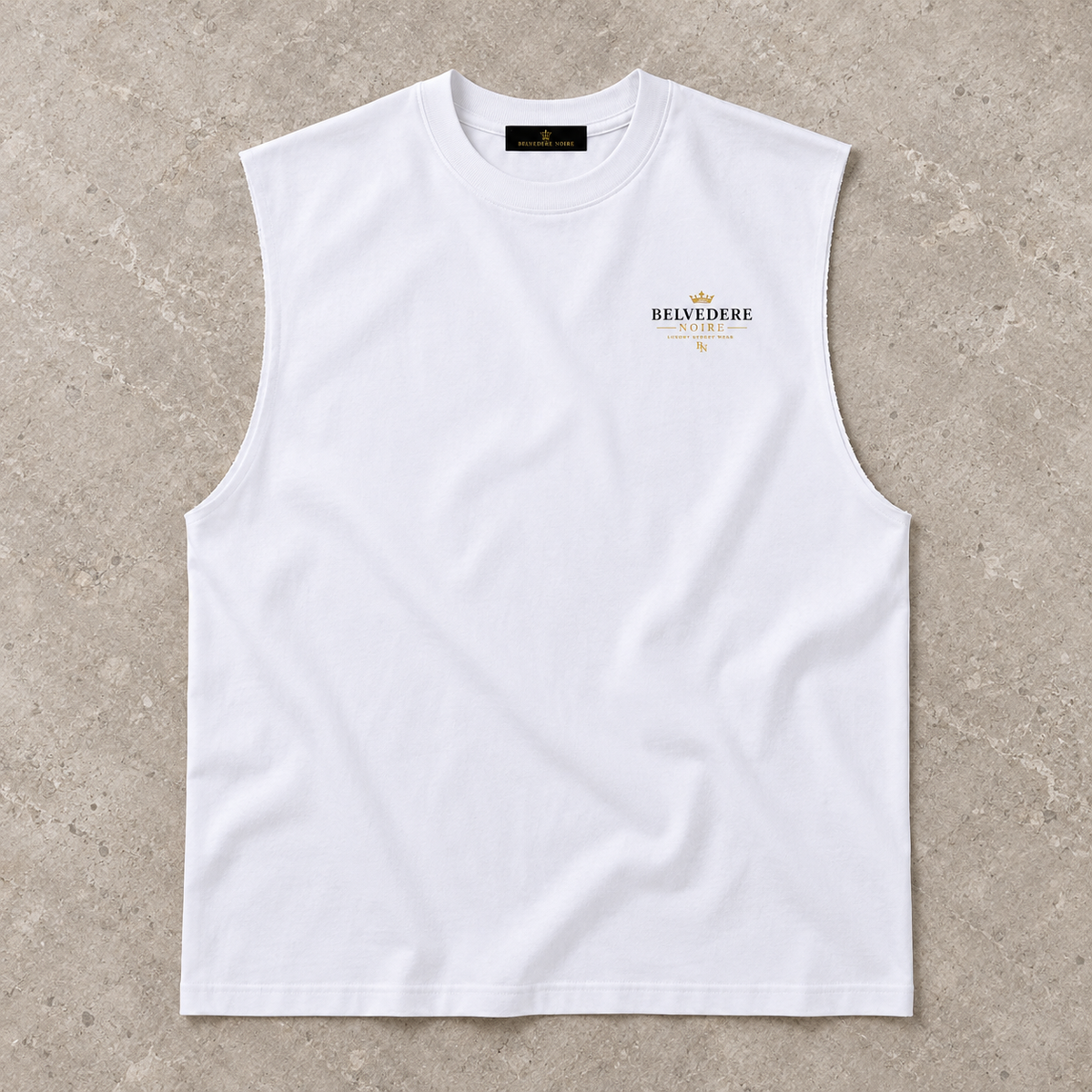 White Raw Edge Cotton Tank Top flat lay showing the raw-cut hem