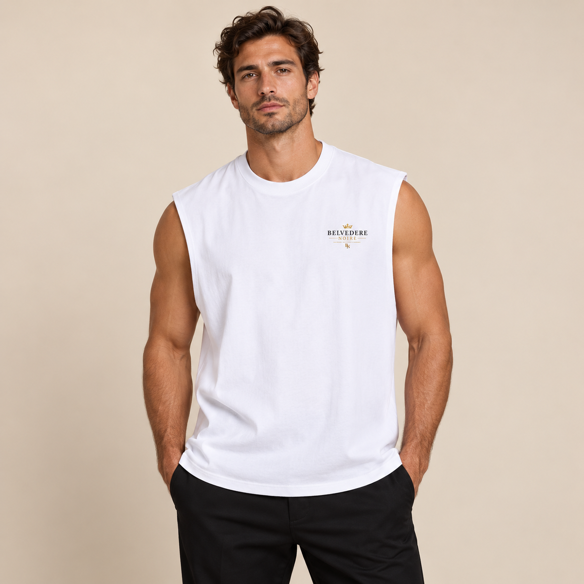 Model wearing the white Raw Edge Cotton Tank Top, front view