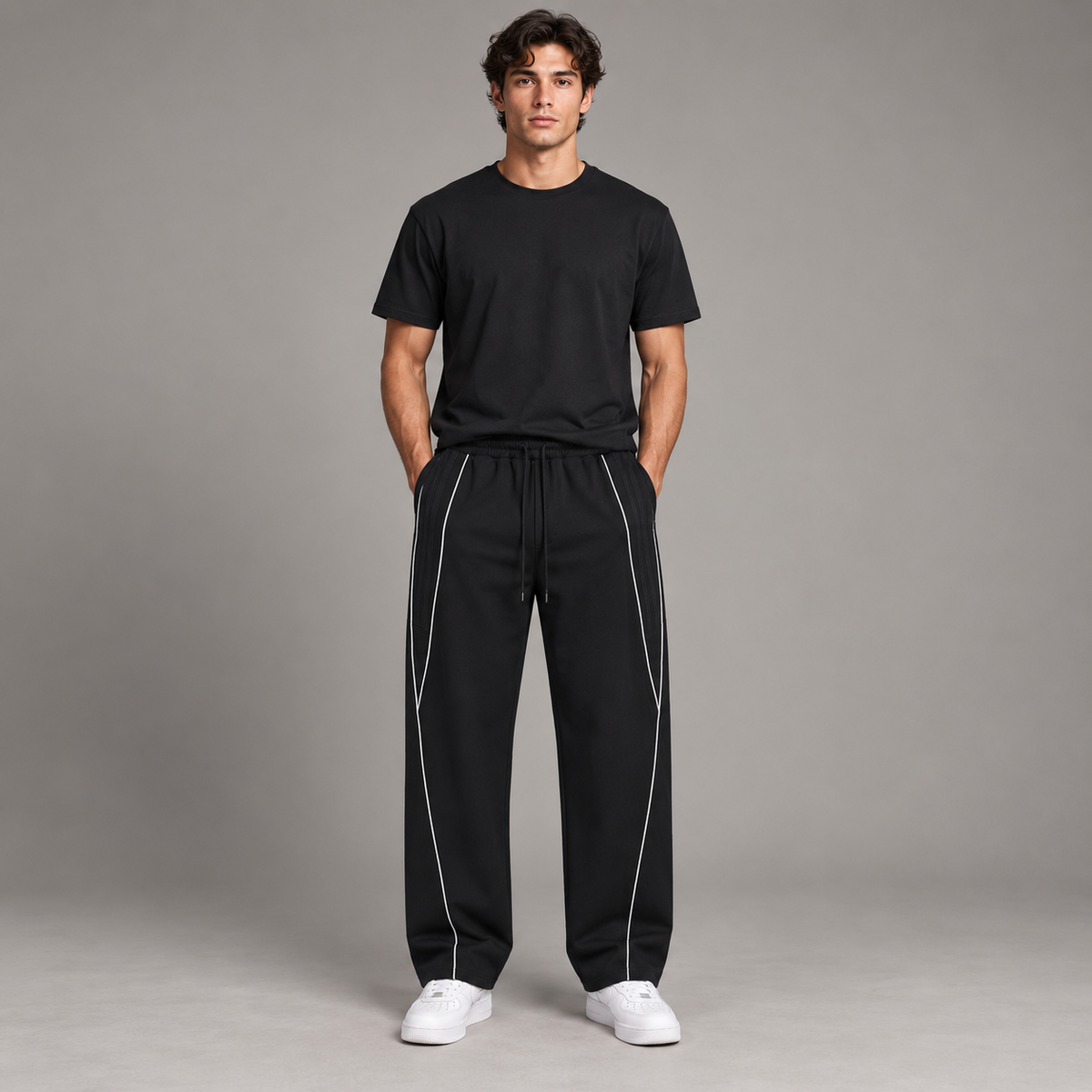 Model wearing the Reflection Striped Straight-Leg Sweatpants, front view