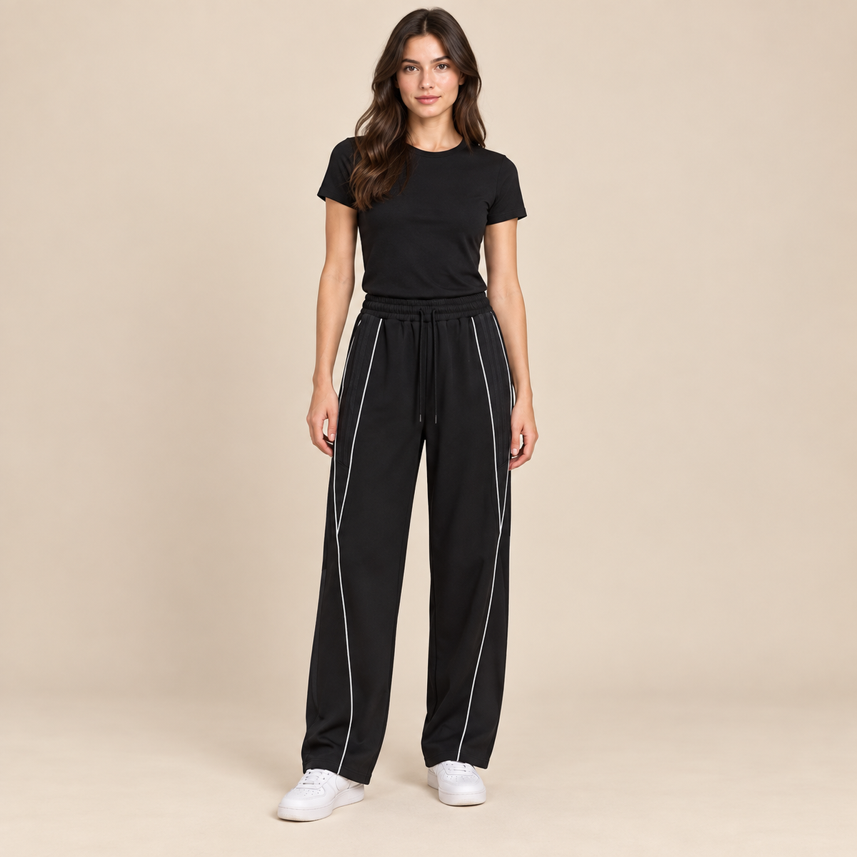 Model wearing the Reflection Striped Straight-Leg Sweatpants, front view