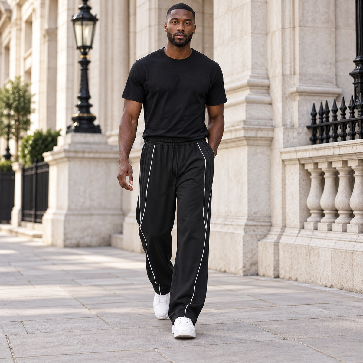 Model wearing the Reflection Striped Straight-Leg Sweatpants outdoors