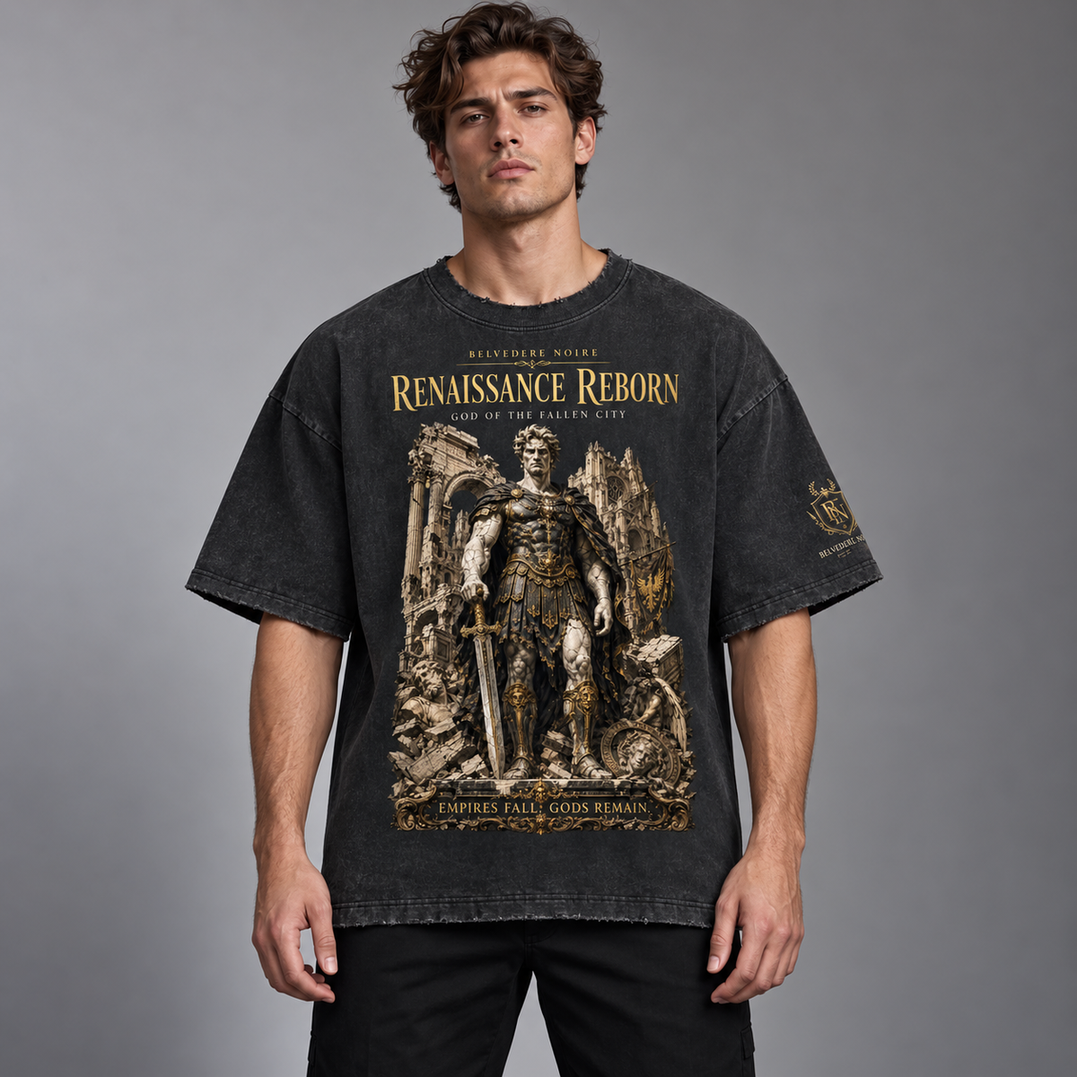 Model wearing the 430gsm Vintage Washed Frayed T-Shirt, front view