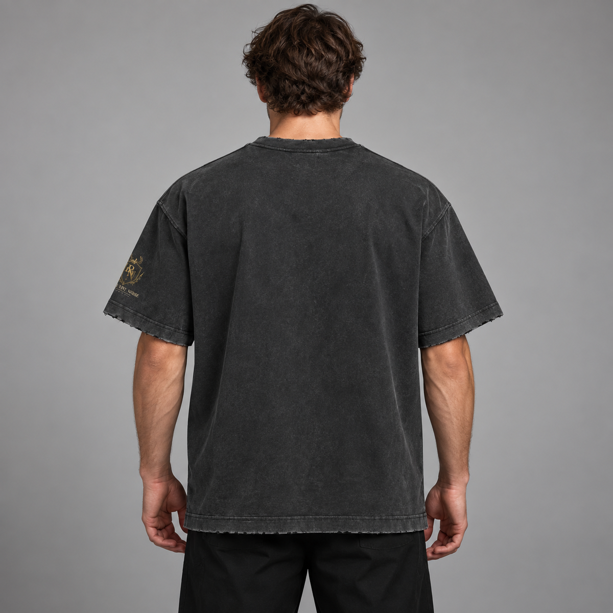 Model wearing the 430gsm Vintage Washed Frayed T-Shirt, back view