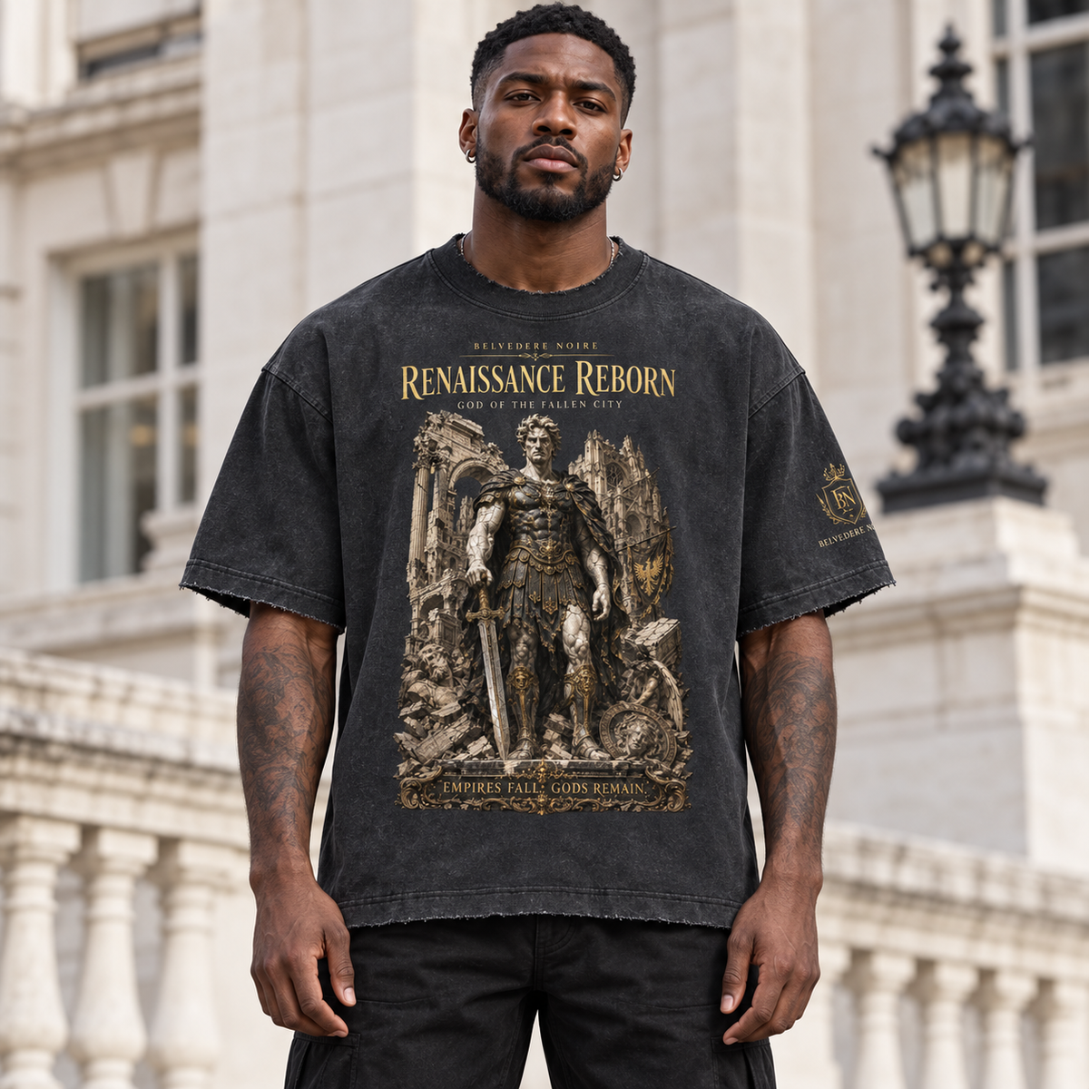 Model wearing the 430gsm Vintage Washed Frayed T-Shirt outdoors