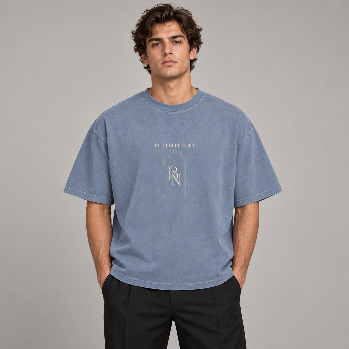 Model wearing the blue Enzyme Washed Oversized T-Shirt, front view