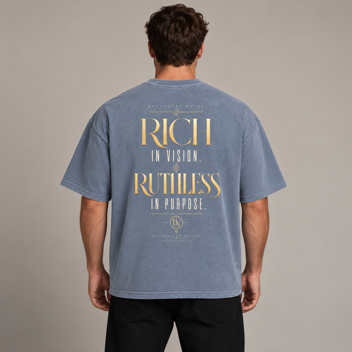 Model wearing the blue Enzyme Washed Oversized T-Shirt, back view