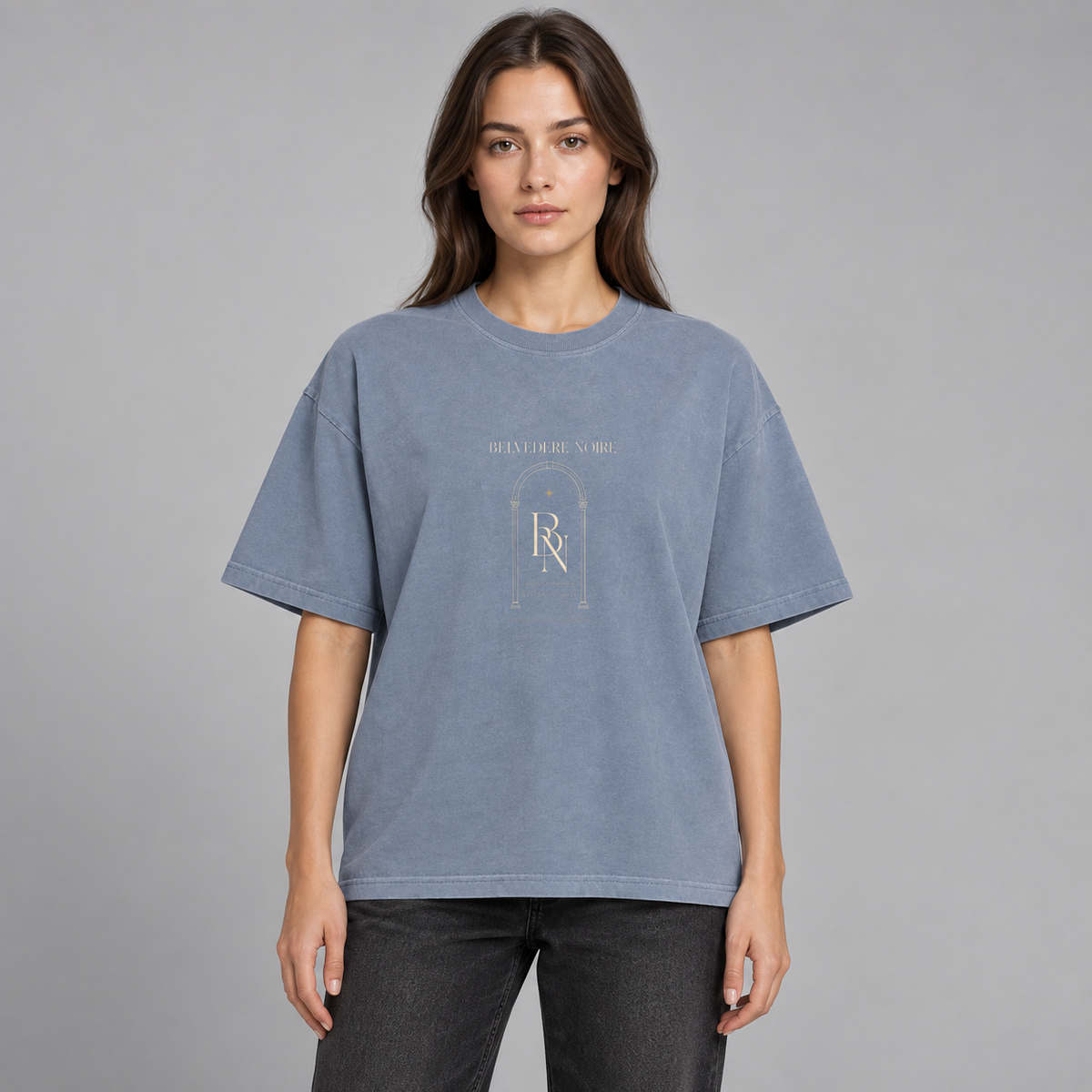 Model wearing the blue Enzyme Washed Oversized T-Shirt, front view