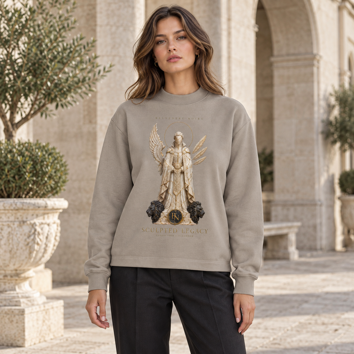 Model wearing the taupe Non-Shrink Mock Neck Sweatshirt in a courtyard