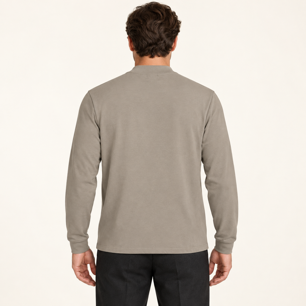 Model wearing the taupe Non-Shrink Mock Neck Sweatshirt, back view