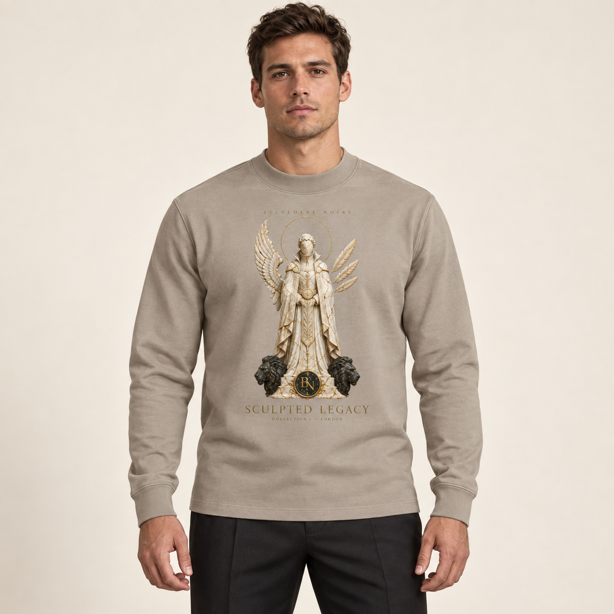 Model wearing the taupe Non-Shrink Mock Neck Sweatshirt, front view