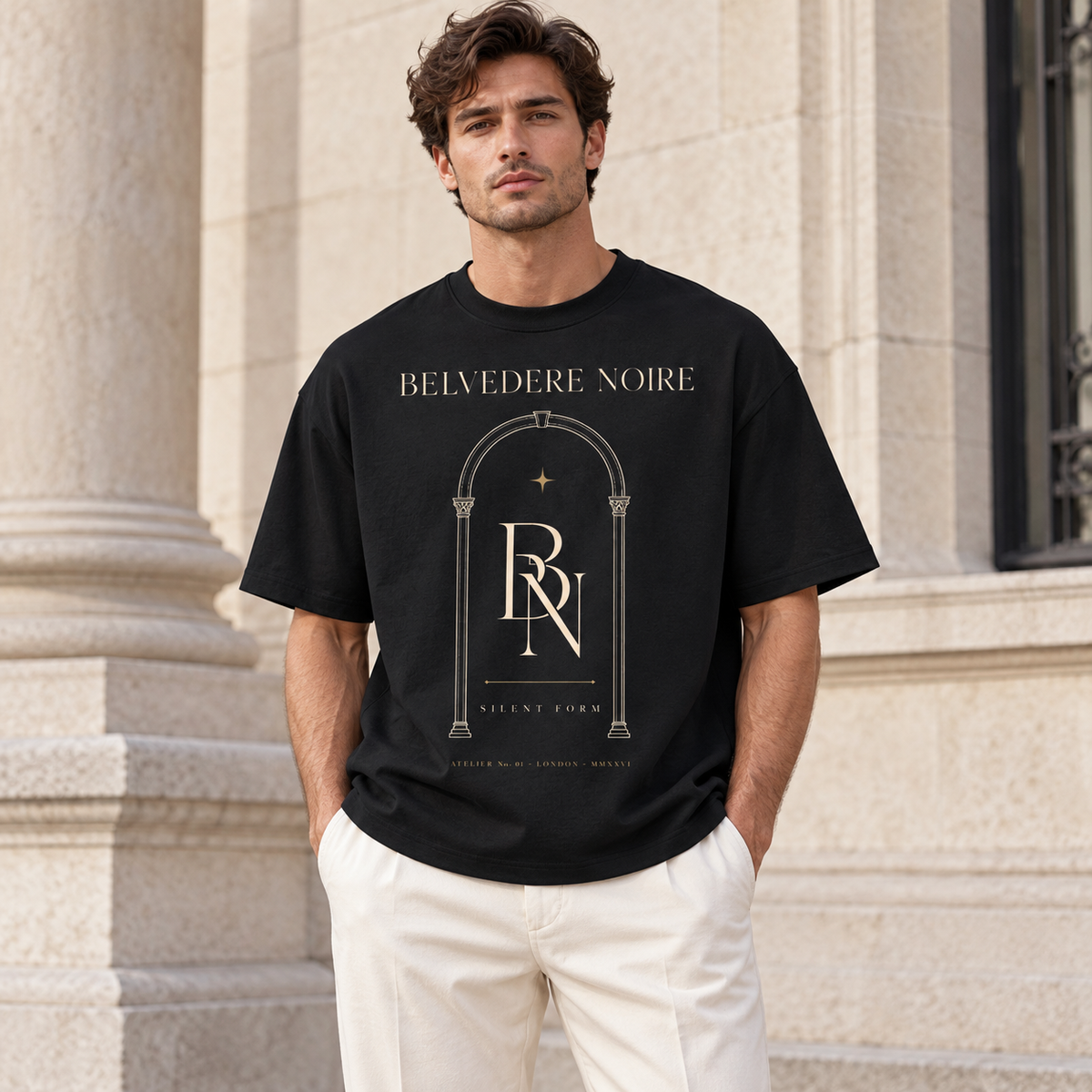 Model wearing the black Silent Form oversized T-shirt outdoors