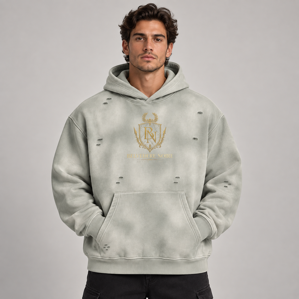 AI styling mockup: male front view in light grey Belvedere Noire Sunfade Frayed Fleece Hoodie