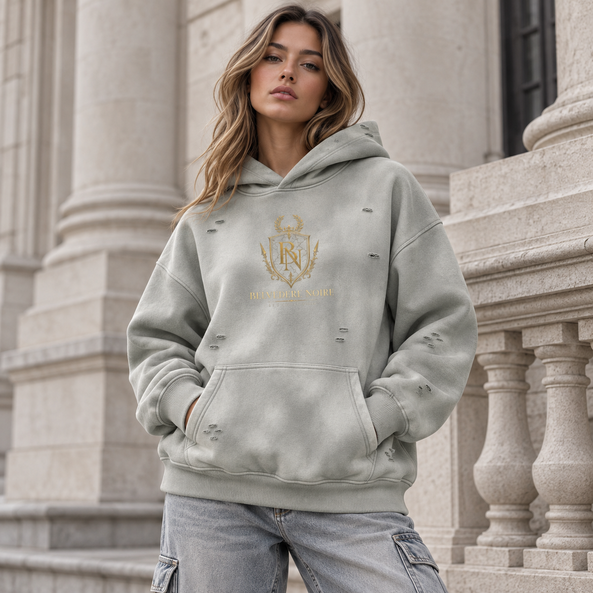 AI styling mockup: female lifestyle front view in light grey distressed hoodie